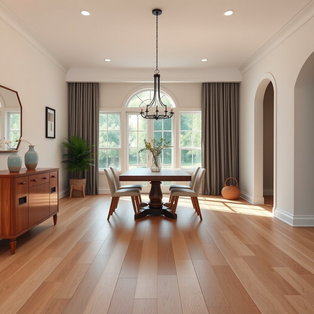 Different types of transitions for laminate floors in a dining room installation.