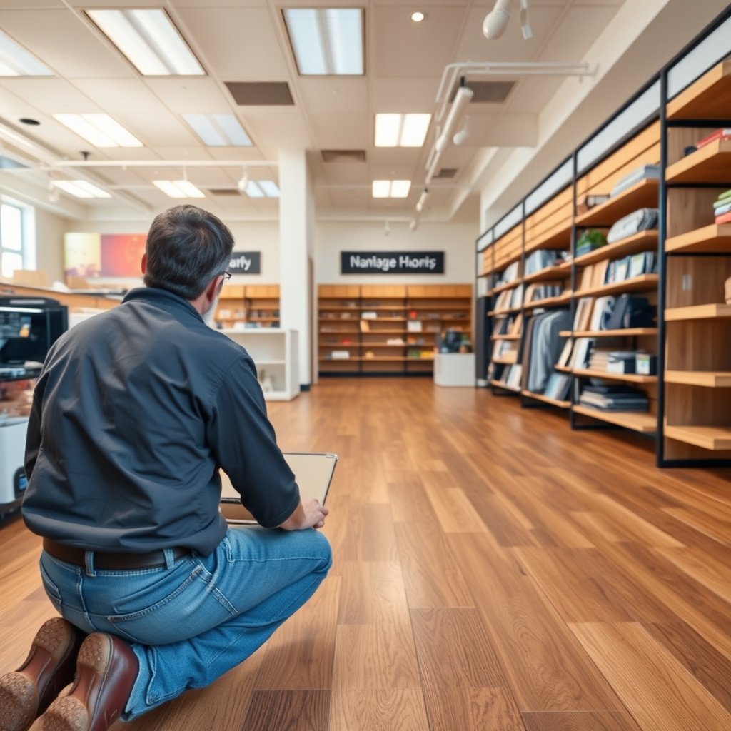 A retail store floor showing a transition piece between hardwood and another flooring type.