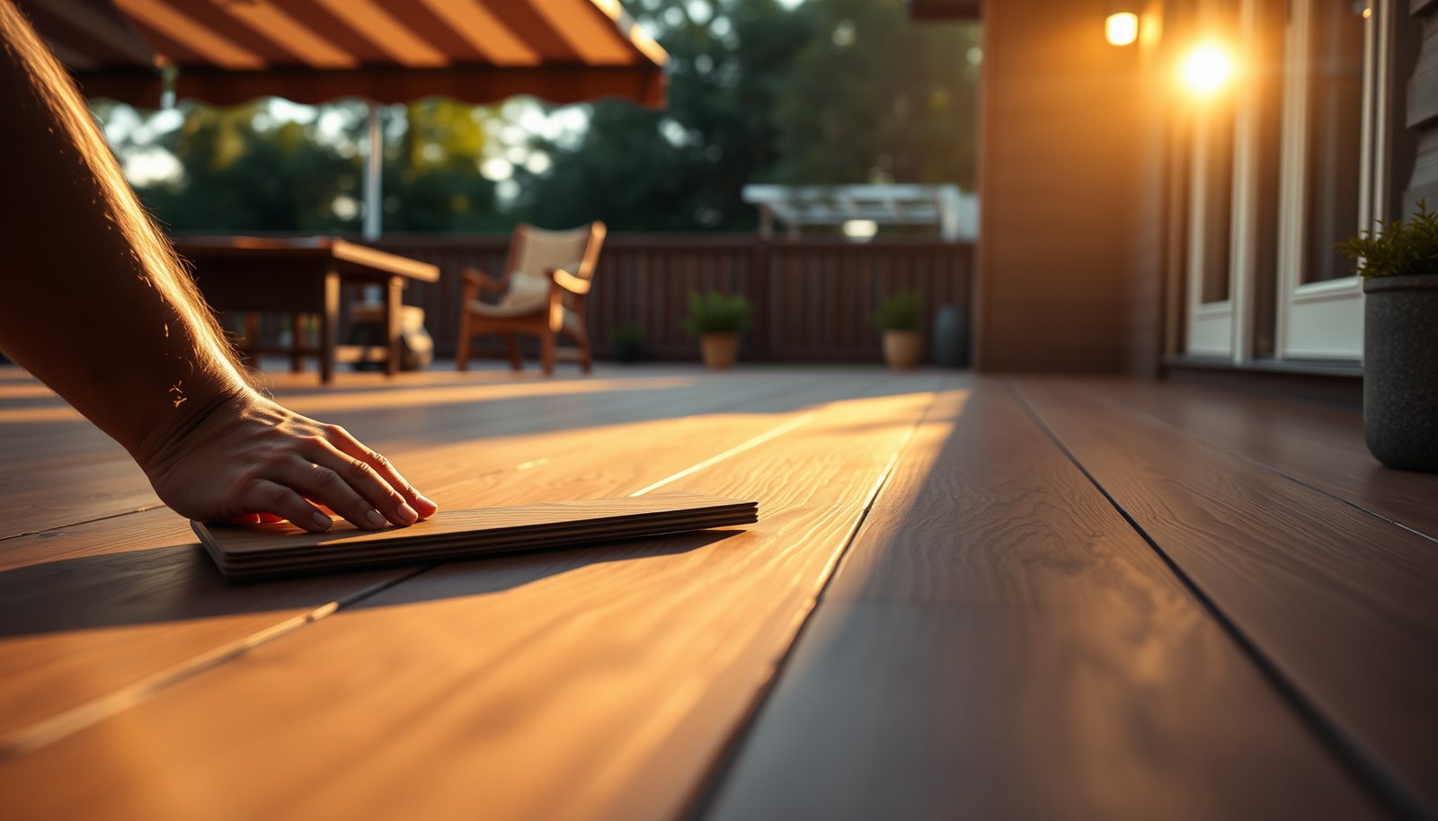 A selection of vinyl flooring options for outdoor patios, showcasing different colors and textures.