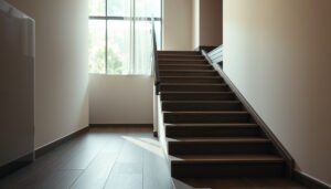 A staircase featuring various vinyl flooring options for selection.