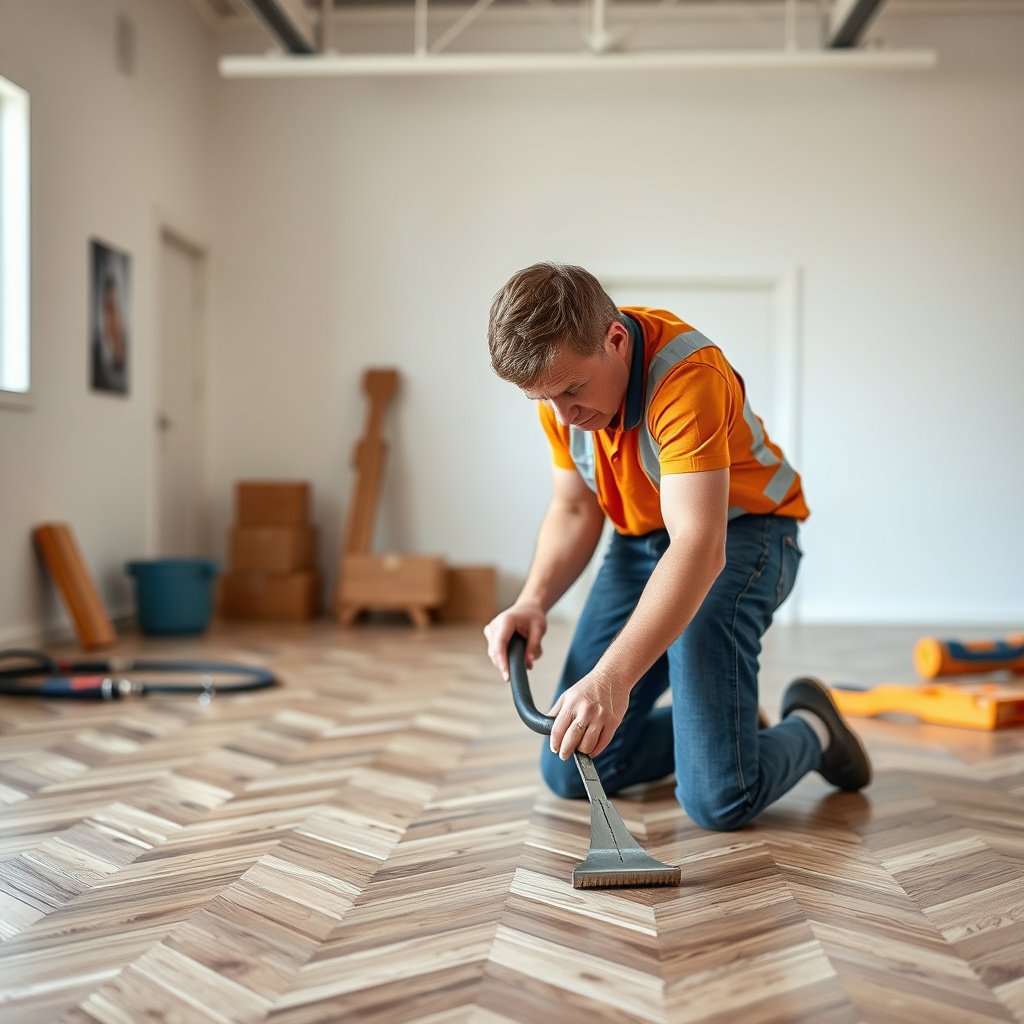 Cleaning and prepping chevron floors before repairing dents for effective results.