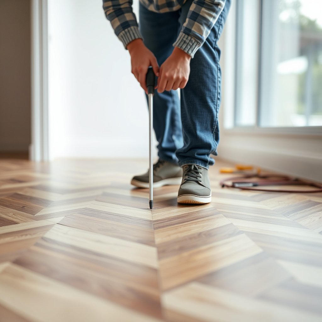 Cleaning and preparing a scratched area on chevron hardwood floors for repair.