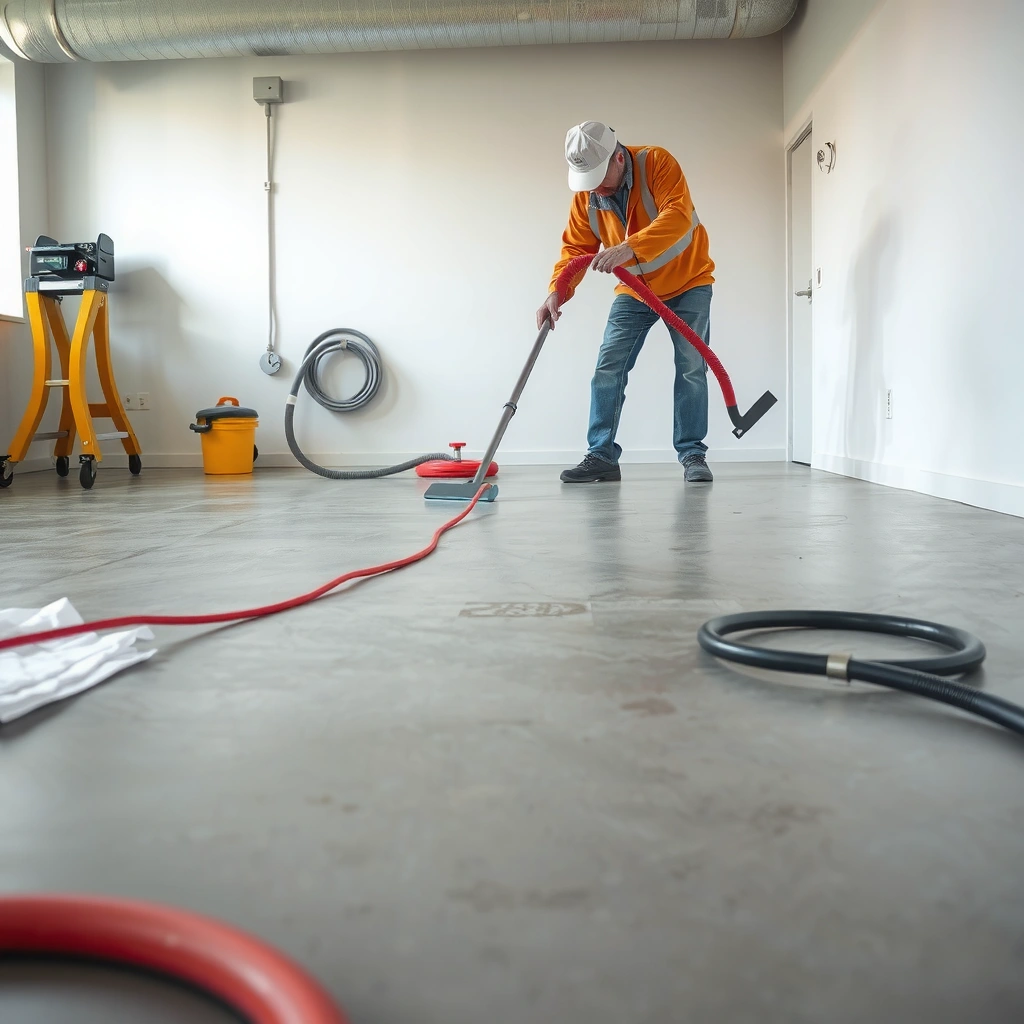 A person cleaning a concrete floor with a mop and bucket, showcasing effective cleaning techniques.