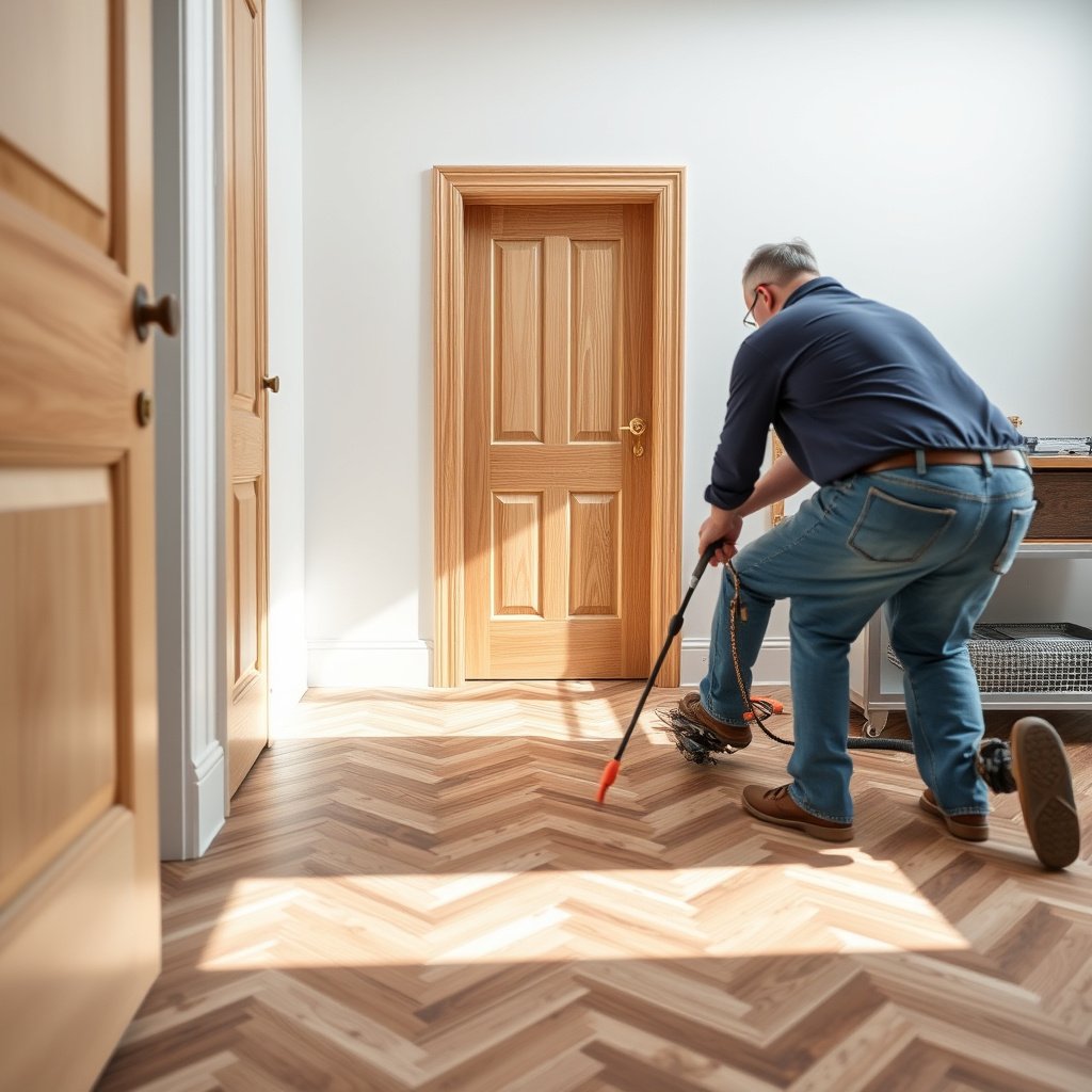 A cleanly installed threshold between chevron floors and doors, demonstrating proper transitions.