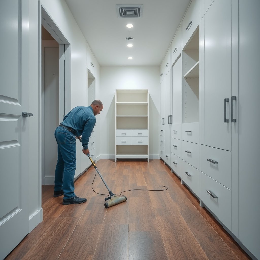 A person using gentle tools to clean vinyl floors in a closet, avoiding harsh tools.