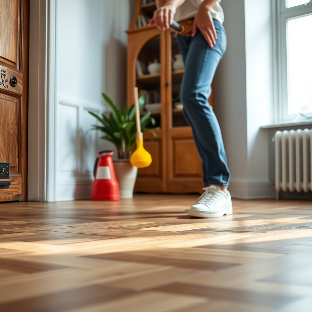 Cleaning and drying parquet floors to prevent slipping, with traction solutions for safety.