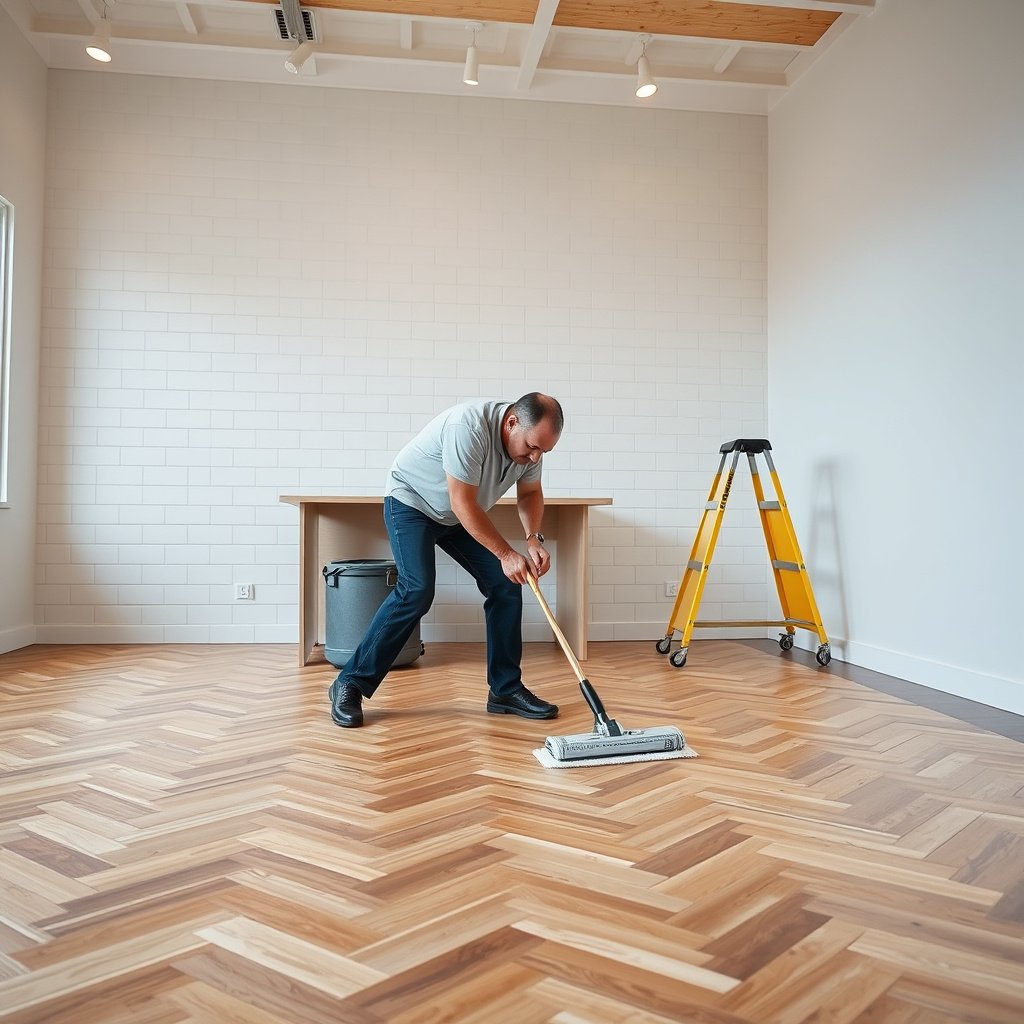 Close-up of cleaning chevron floor seams, edges, and grout without damage.