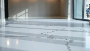 A person cleaning a concrete floor with a mop and bucket, demonstrating safe cleaning methods.