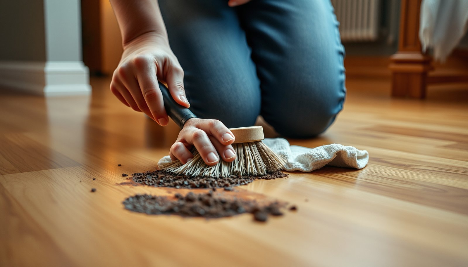 A person cleaning dried ground-in dirt from hardwood floors with a mop and cleaning solution.