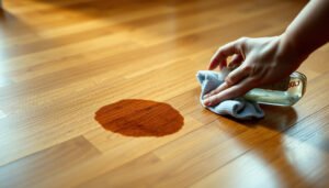 A person cleaning dried food stains from hardwood floors with a cloth and cleaning solution.