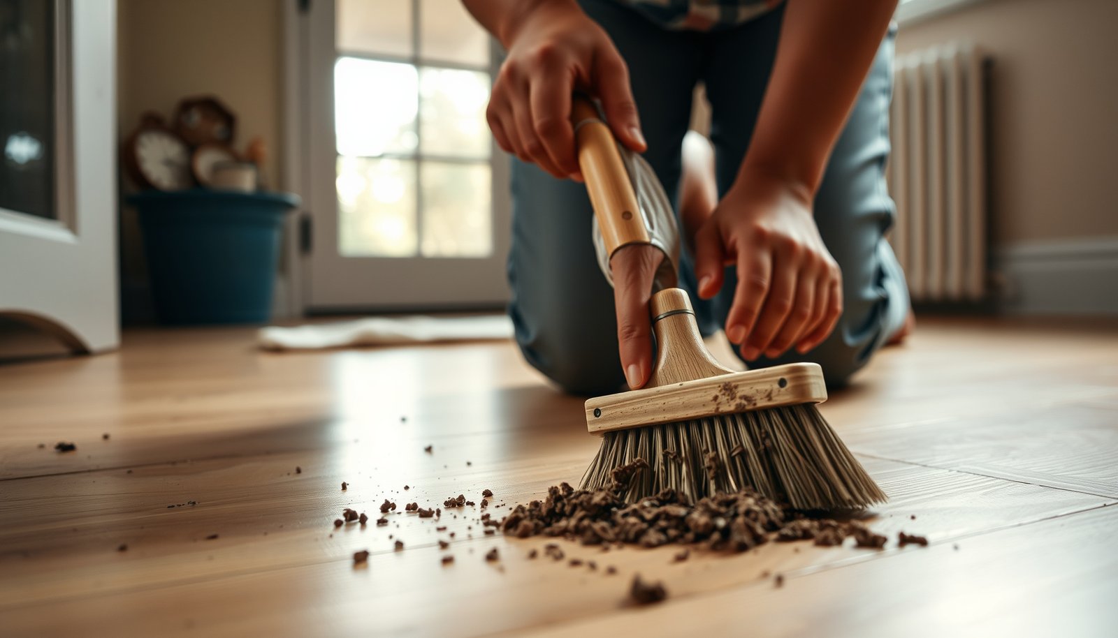 A person cleaning dried mud from hardwood floors with a mop and bucket.