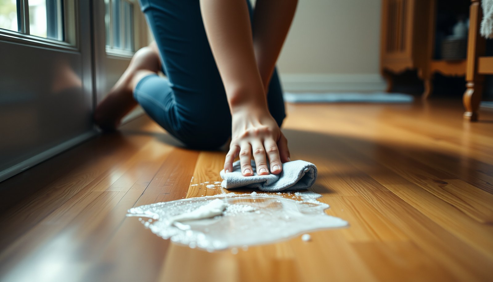 A person cleaning dried soap residue from hardwood floors using a mop and cleaning solution.