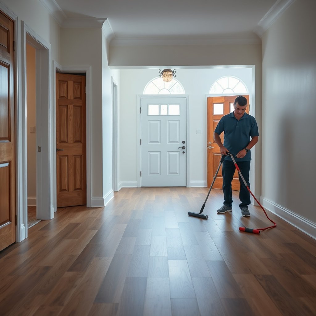 A person cleaning engineered wood floors in an entryway with a mop and bucket.