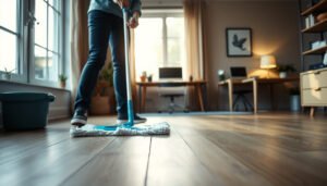 A person cleaning engineered wood floors in a home office setting with a mop and cleaning solution.
