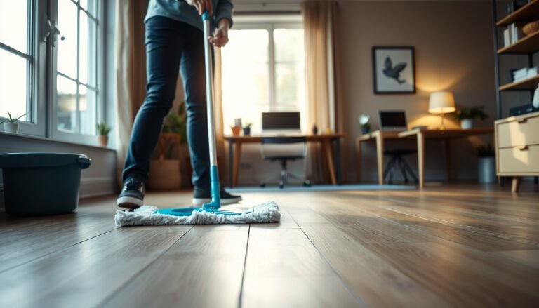 A person cleaning engineered wood floors in a home office setting with a mop and cleaning solution.