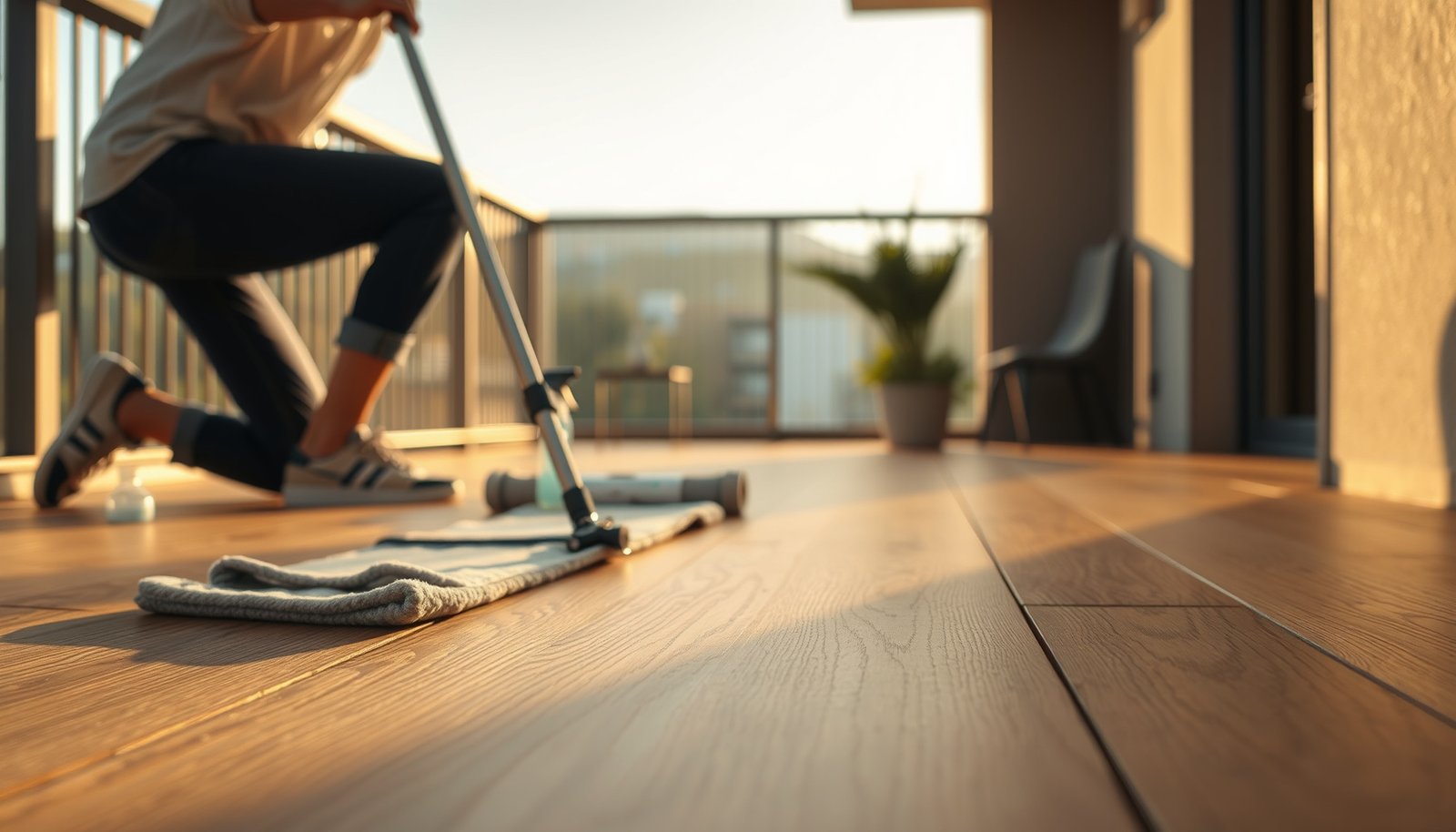 Person cleaning engineered wood floors on a balcony with a mop and bucket.