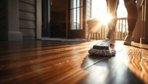 A person cleaning engineered wood floors on a porch with a mop and bucket.
