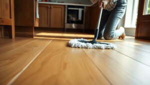 Step-by-step guide on cleaning engineered wood floors in a kitchen for optimal care and maintenance.