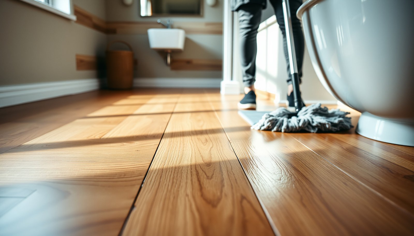 Step-by-step guide on how to clean engineered wood floors in a bathroom effectively.