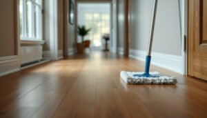 Step-by-step guide for cleaning engineered wood floors in a hallway.