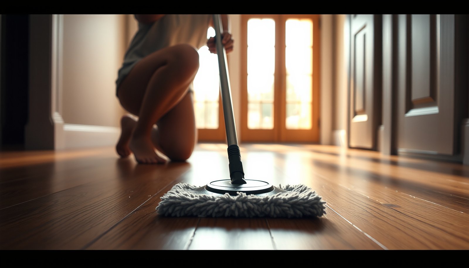 A person cleaning engineered wood floors in an entryway with a mop and cleaning solution.
