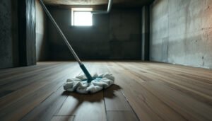 Step-by-step guide on cleaning engineered wood floors in a basement setting.