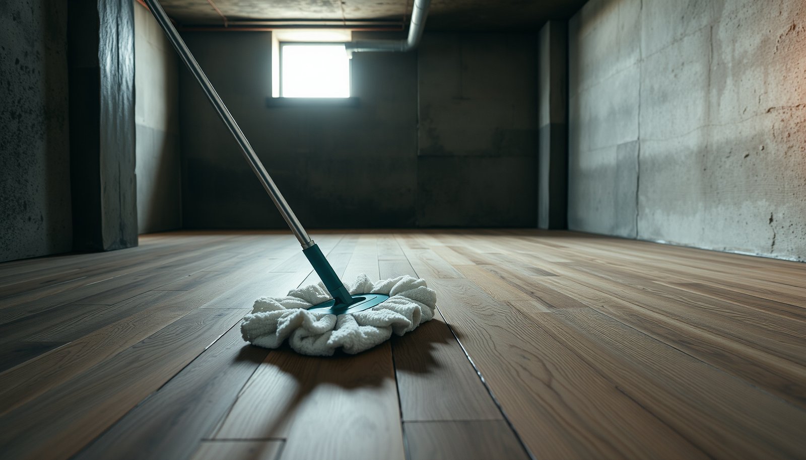 Step-by-step guide on cleaning engineered wood floors in a basement setting.