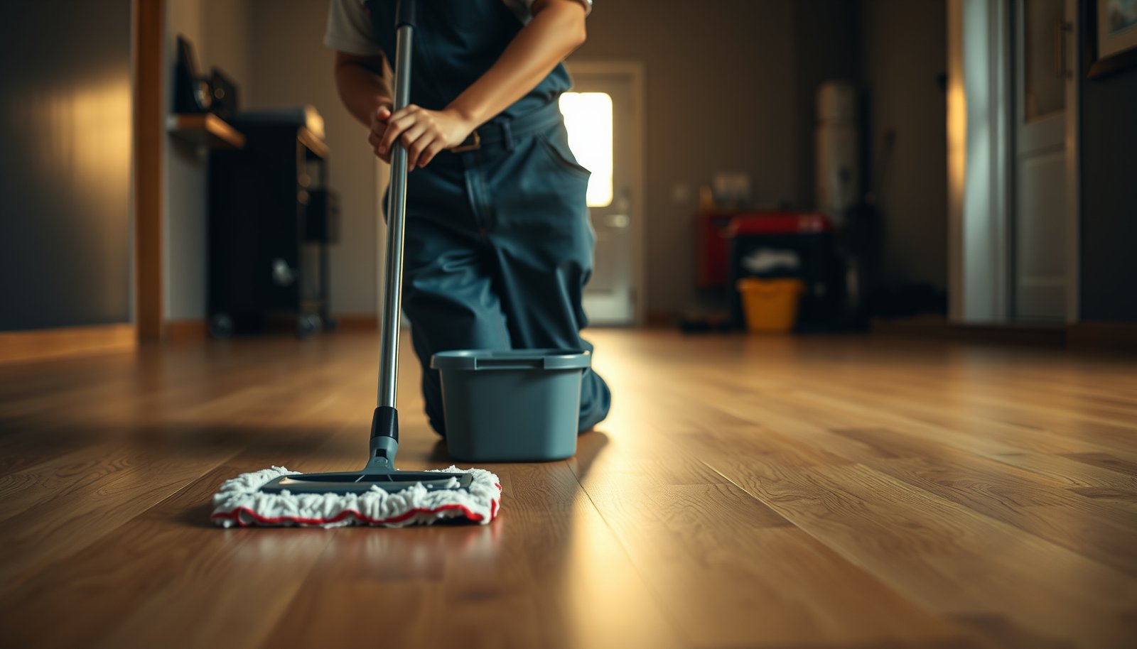 A person cleaning engineered wood floors in a garage with a mop and bucket.