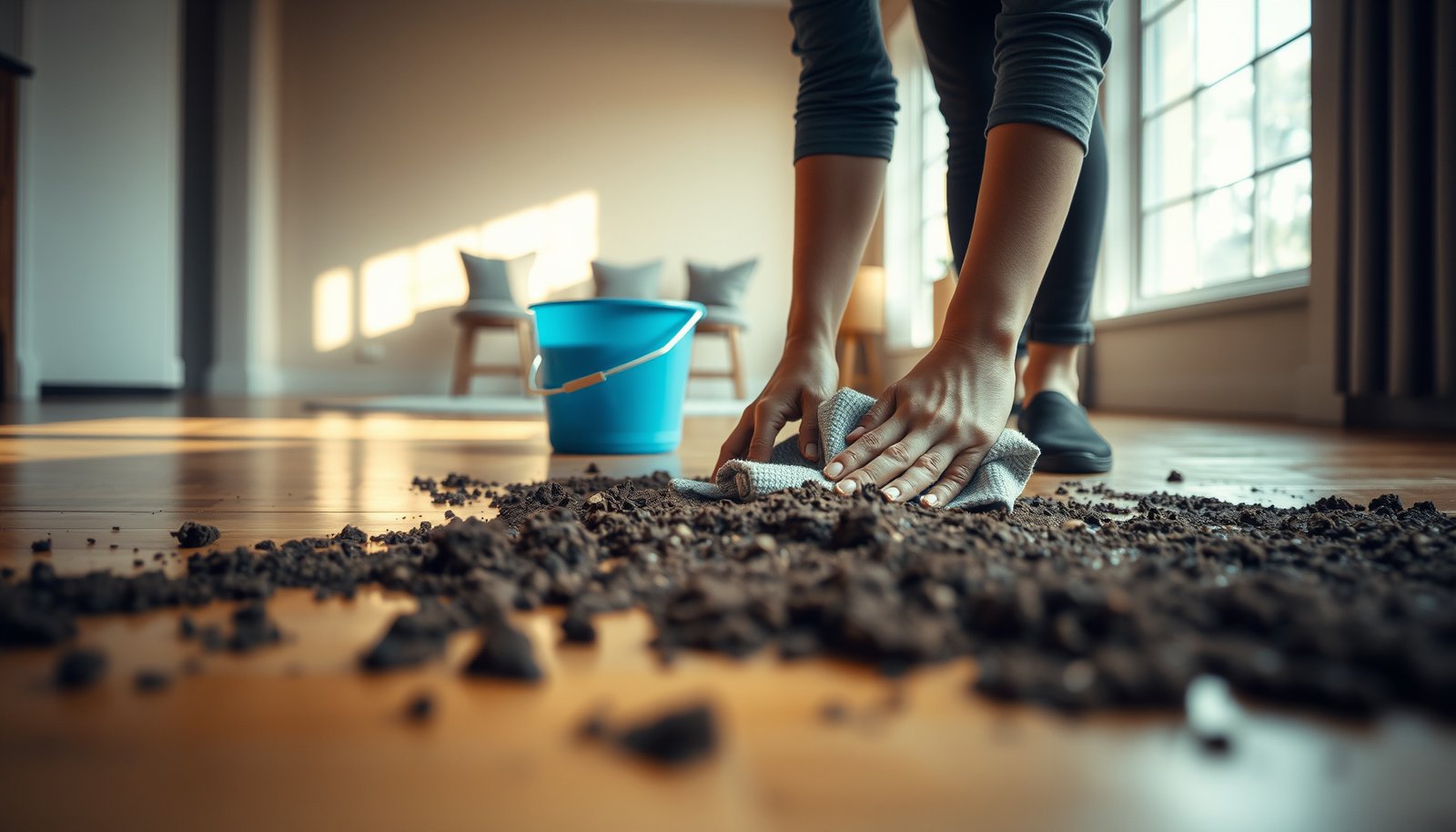 Person cleaning fresh mud from hardwood floors with a cloth and bucket