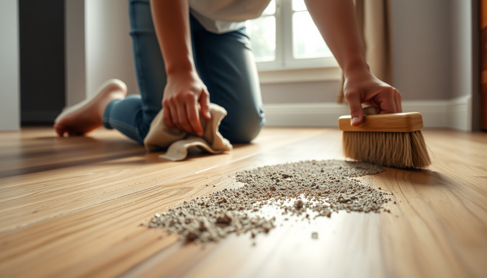 A person cleaning fresh ground-in dirt from hardwood floors with a mop and cleaning solution.
