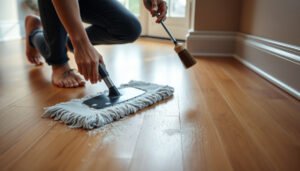 A person cleaning hardwood floors covered in fine dust with a mop and cleaning solution.