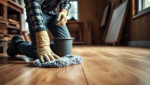 Step-by-step process for cleaning hardwood floors in a workshop safely.