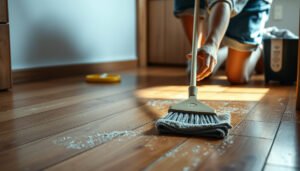 Step-by-step guide on how to clean hardwood floors covered in dirt effectively.
