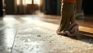 Steps to clean hardwood floors covered in fine dust safely and effectively.