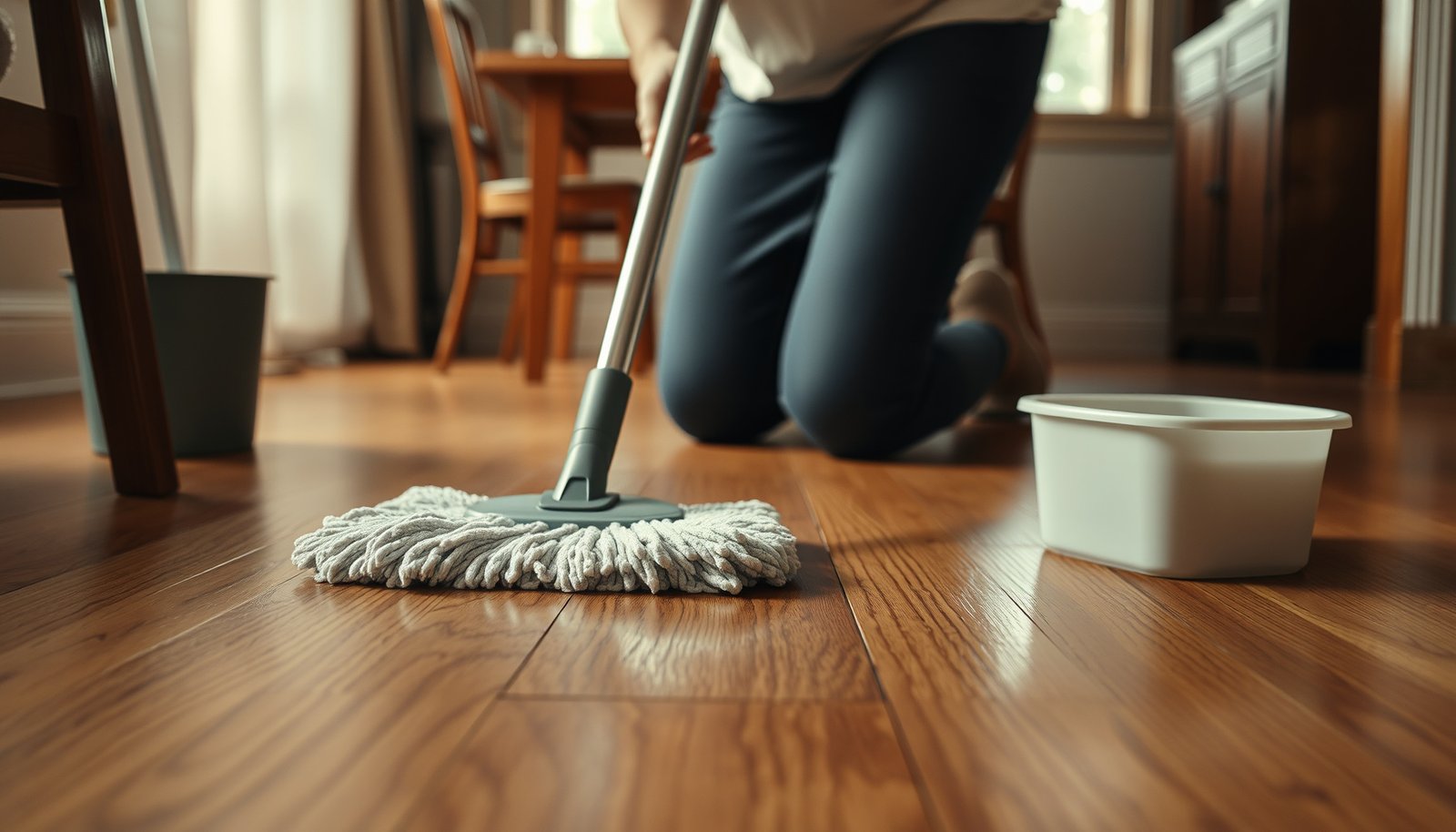 Step-by-step guide on how to clean hardwood floors in a dining room effectively.