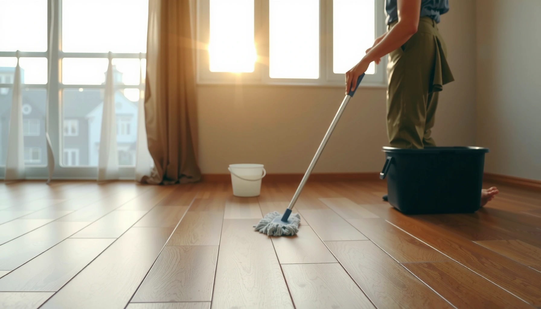 A person cleaning hardwood floors in a bedroom using a mop and cleaning solution.