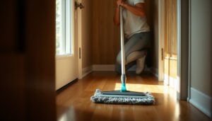 A person cleaning hardwood floors in a closet using a mop and cleaning solution.
