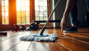 Step-by-step guide to cleaning hardwood floors in a home gym environment.