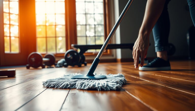 Step-by-step guide to cleaning hardwood floors in a home gym environment.