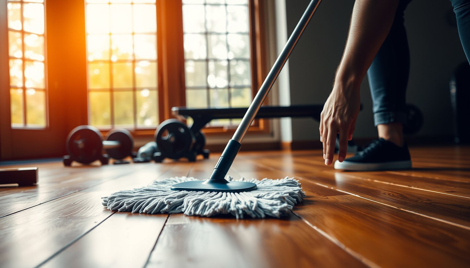 Step-by-step guide to cleaning hardwood floors in a home gym environment.