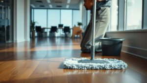 A person demonstrating how to clean hardwood floors in a commercial office setting with cleaning supplies.