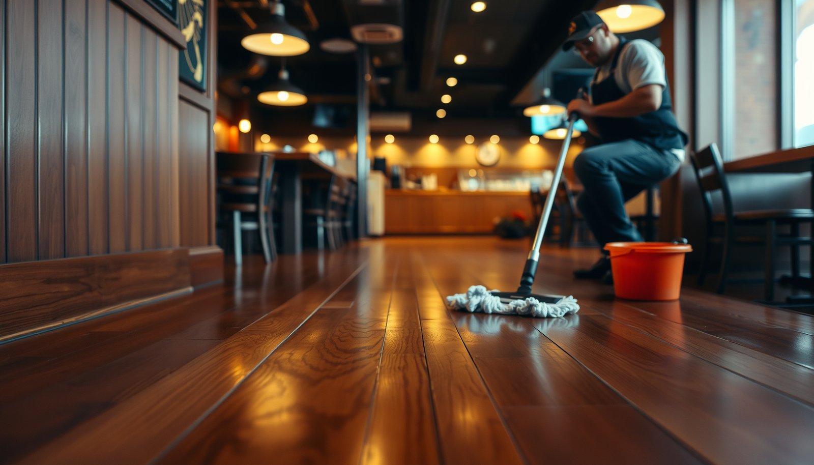 Step-by-step guide on how to clean hardwood floors in a restaurant setting.