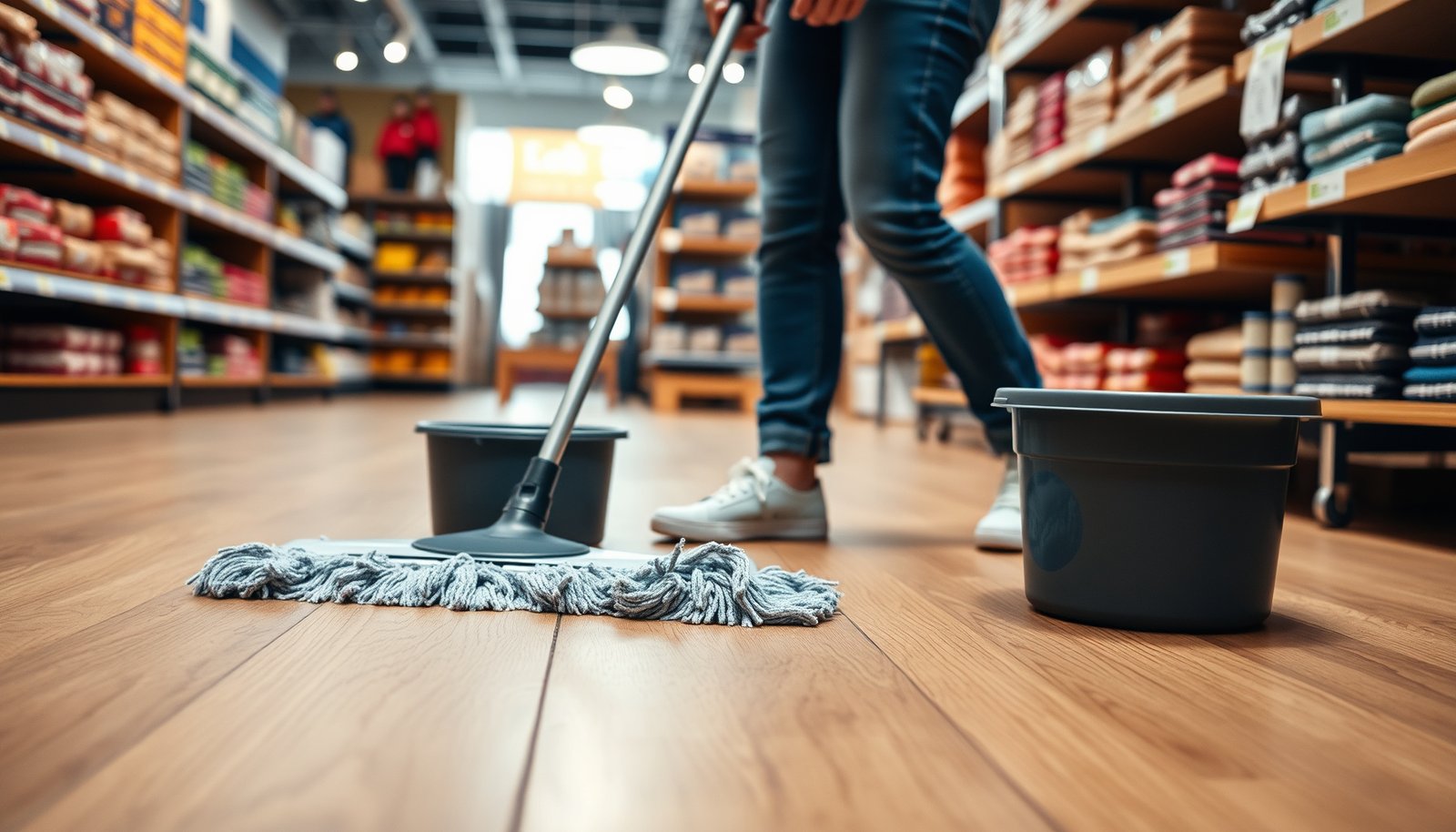 Step-by-step guide on how to clean hardwood floors in a retail store effectively.