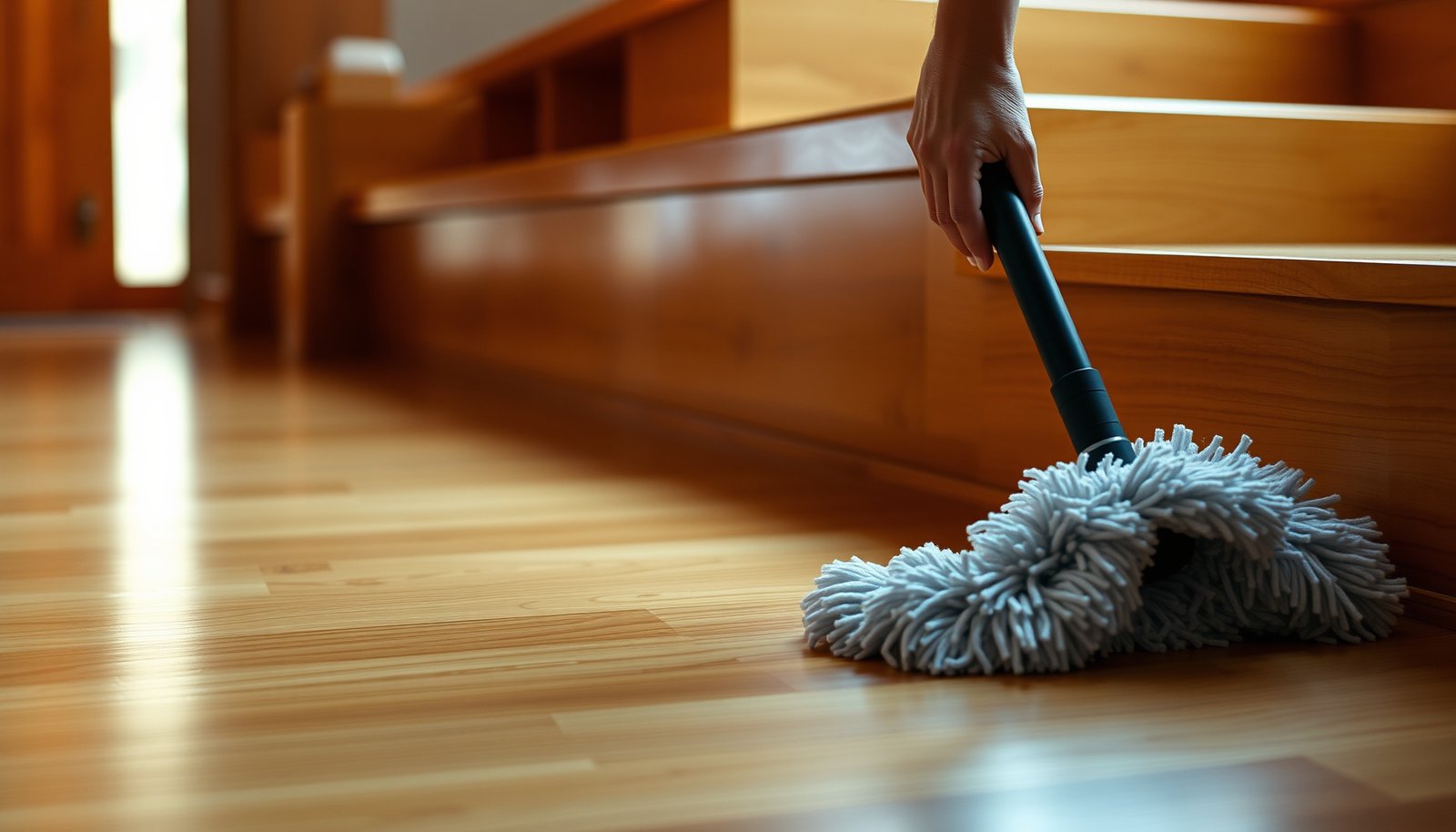 A person cleaning hardwood floors on a staircase without damaging the finish.