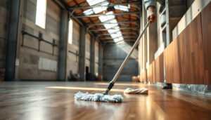 Step-by-step tips for cleaning hardwood floors in a warehouse setting.