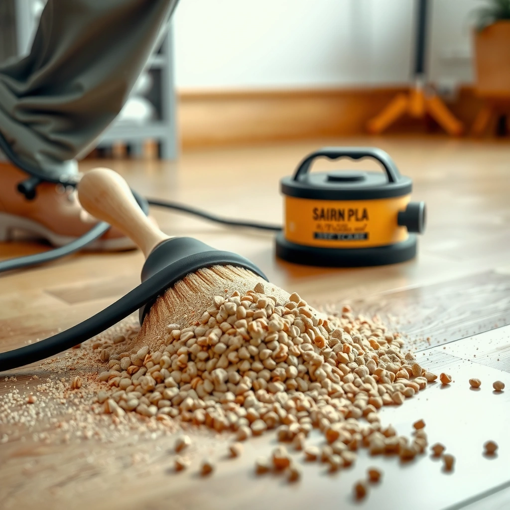 A person cleaning hardwood floors with minimal moisture to remove stubborn sand safely.