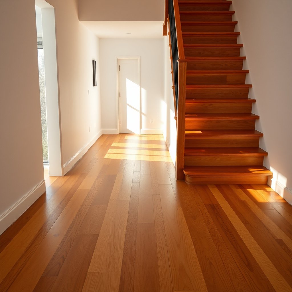 A clean hardwood staircase free of grit and dirt, showcasing maintenance for hardwood floors.