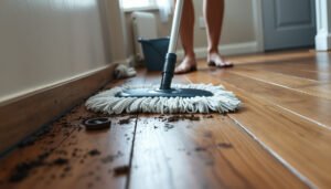 A person cleaning heavy dirt from hardwood floors using safe methods to avoid damage.
