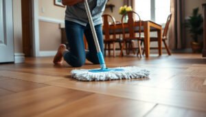 Step-by-step guide on how to clean laminate floors in a dining room effectively.