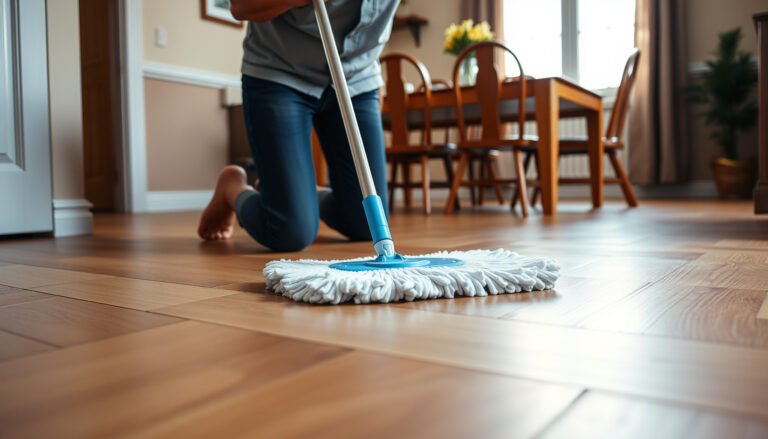 Step-by-step guide on how to clean laminate floors in a dining room effectively.